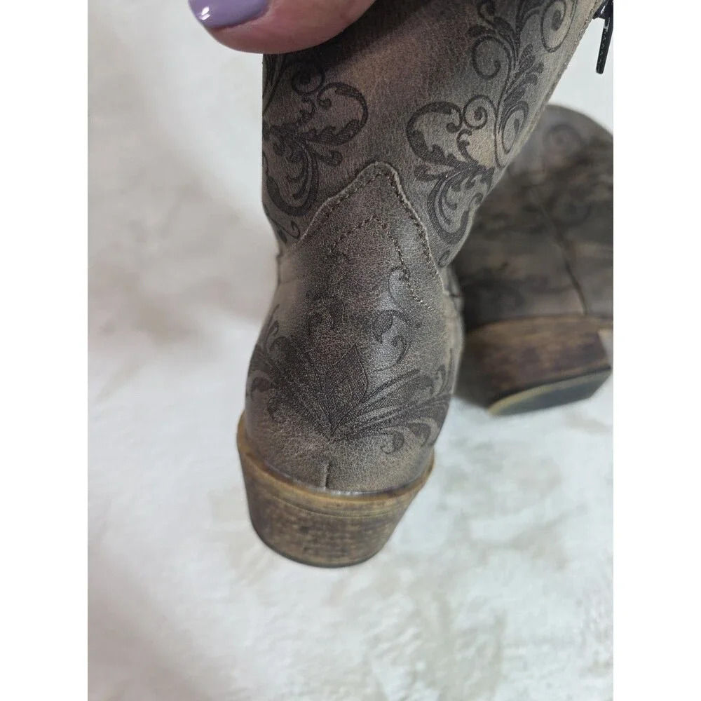 Roper Boots Women’s 6.5 Short Stuff Western Embroidery Snip Toe Brown Zip Ankle - Picture 7 of 8
